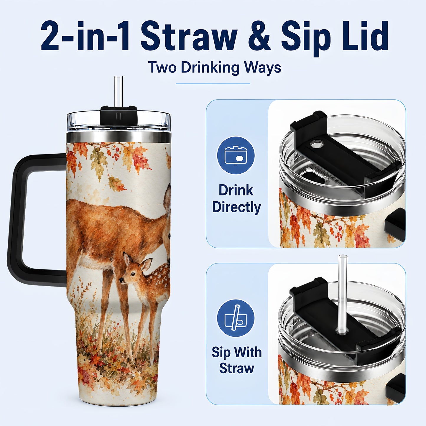 #pl[40oz|Black] Watercolor Deer 40oz Tumbler with Handle, Stainless Steel Travel Cup