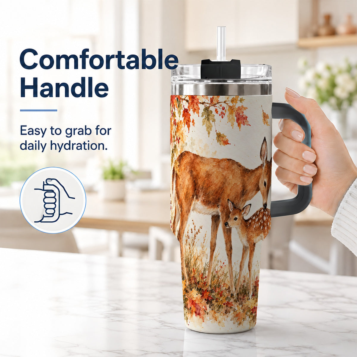 #pl[40oz|Black] Watercolor Deer 40oz Tumbler with Handle, Stainless Steel Travel Cup