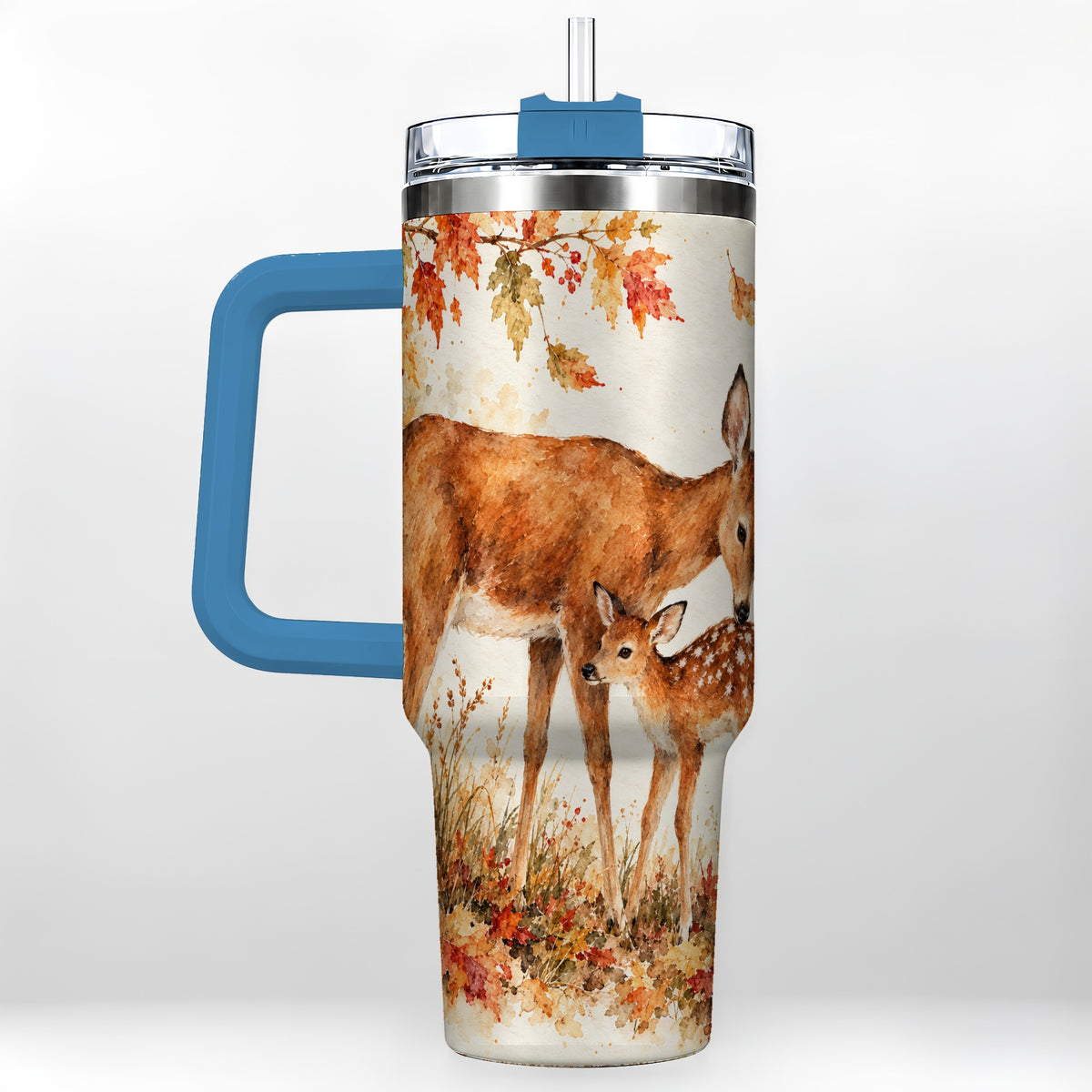 #pl[40oz|Blue] Watercolor Deer 40oz Tumbler with Handle, Stainless Steel Travel Cup