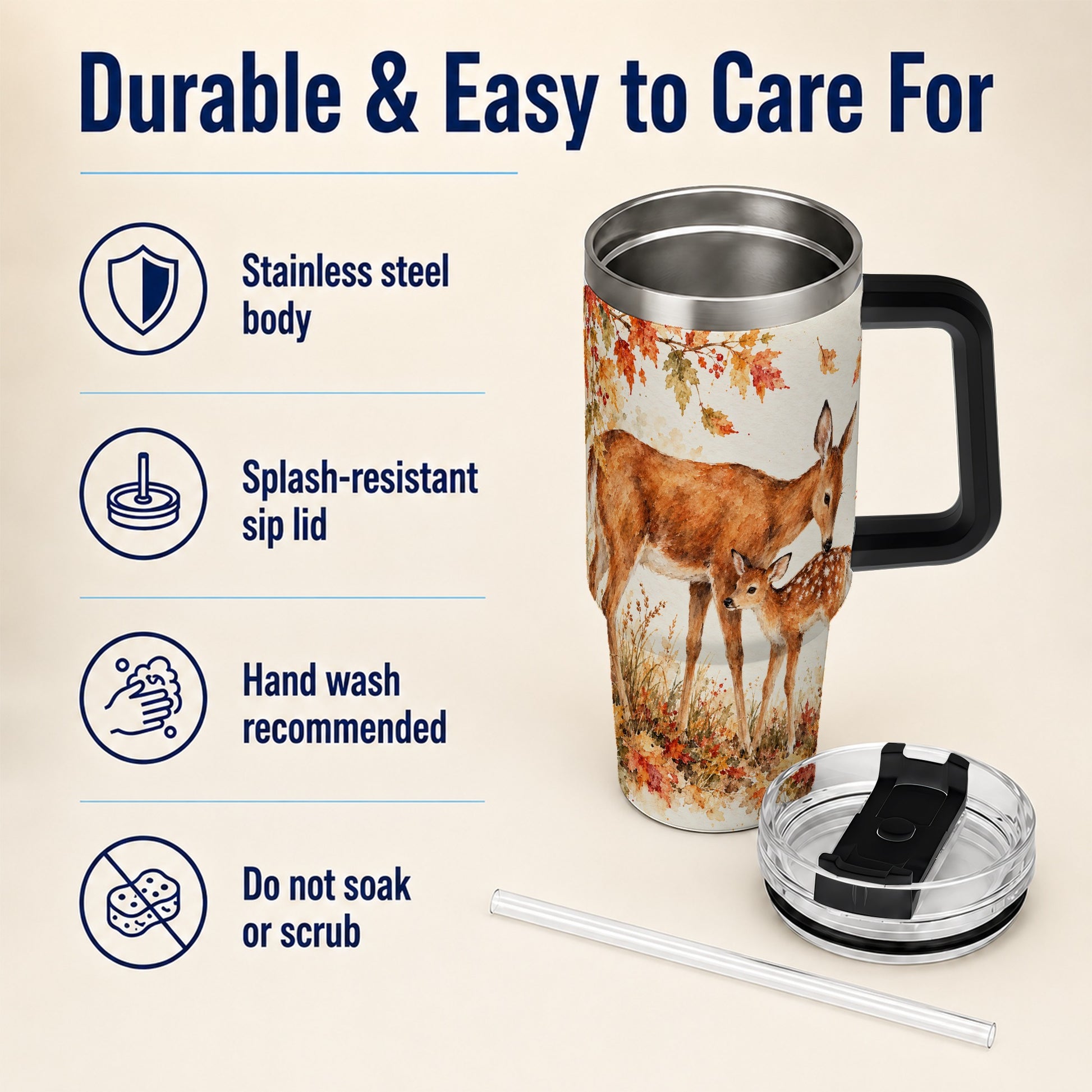 #pl[40oz|Black] Watercolor Deer 40oz Tumbler with Handle, Stainless Steel Travel Cup