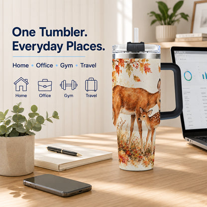 #pl[40oz|Black] Watercolor Deer 40oz Tumbler with Handle, Stainless Steel Travel Cup