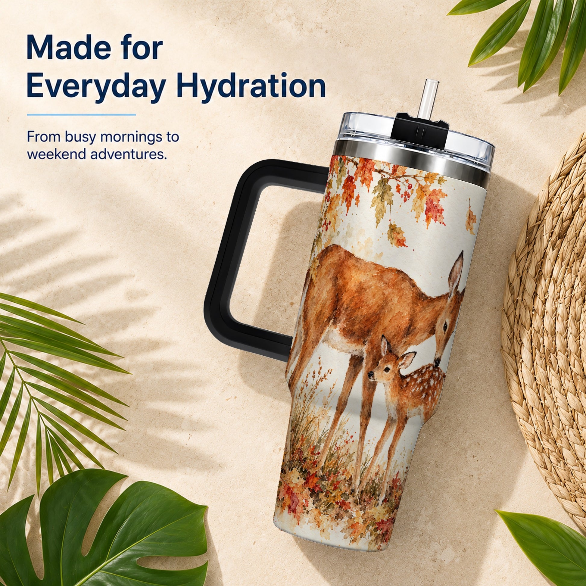 #pl[40oz|Black] Watercolor Deer 40oz Tumbler with Handle, Stainless Steel Travel Cup