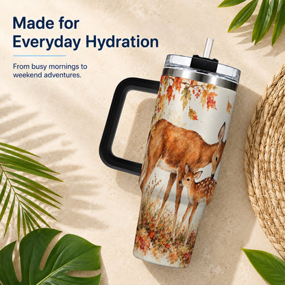 #pl[40oz|Black] Watercolor Deer 40oz Tumbler with Handle, Stainless Steel Travel Cup