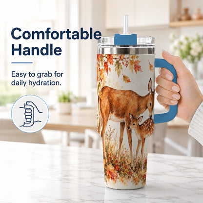#pl[40oz|Blue] Watercolor Deer 40oz Tumbler with Handle, Stainless Steel Travel Cup