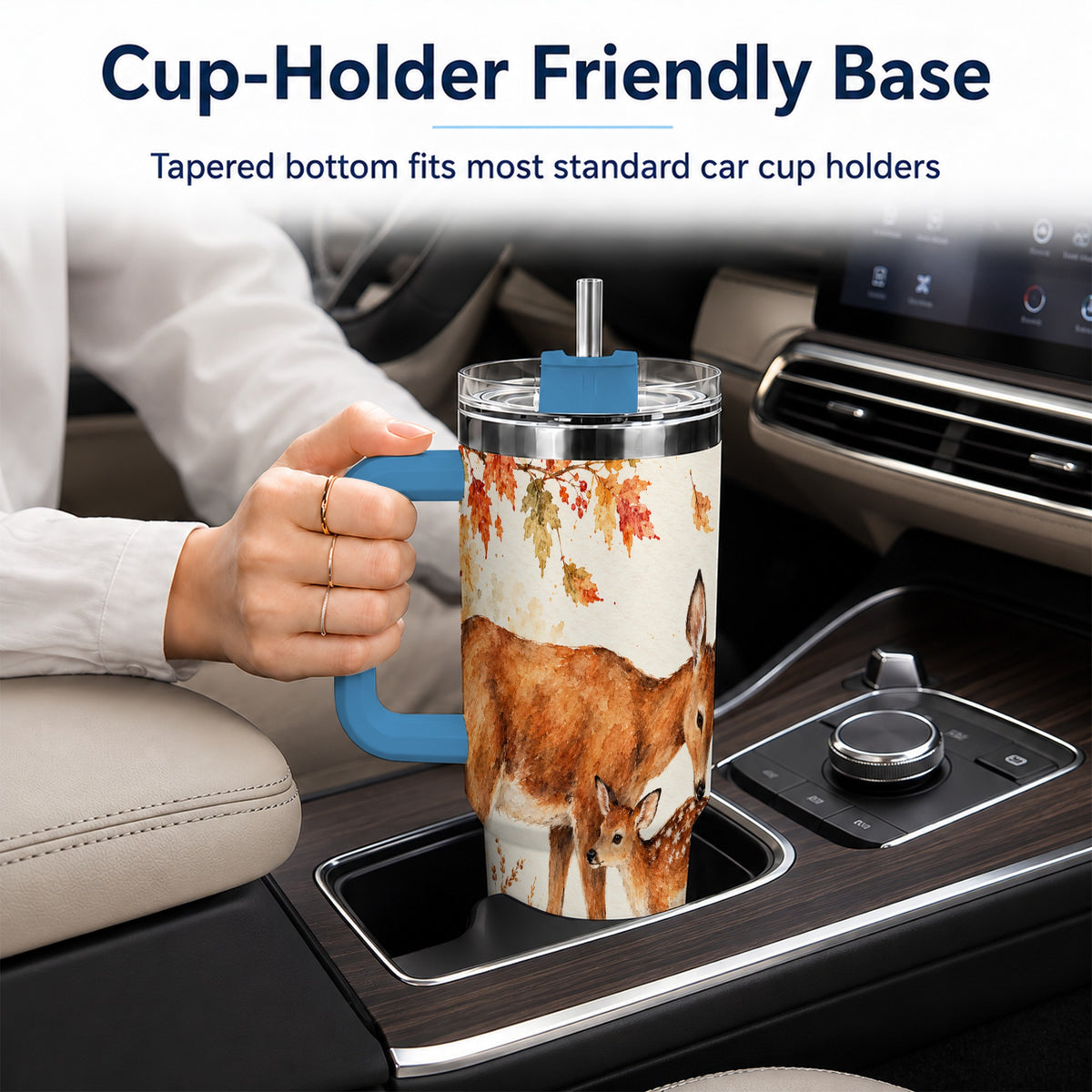 #pl[40oz|Blue] Watercolor Deer 40oz Tumbler with Handle, Stainless Steel Travel Cup