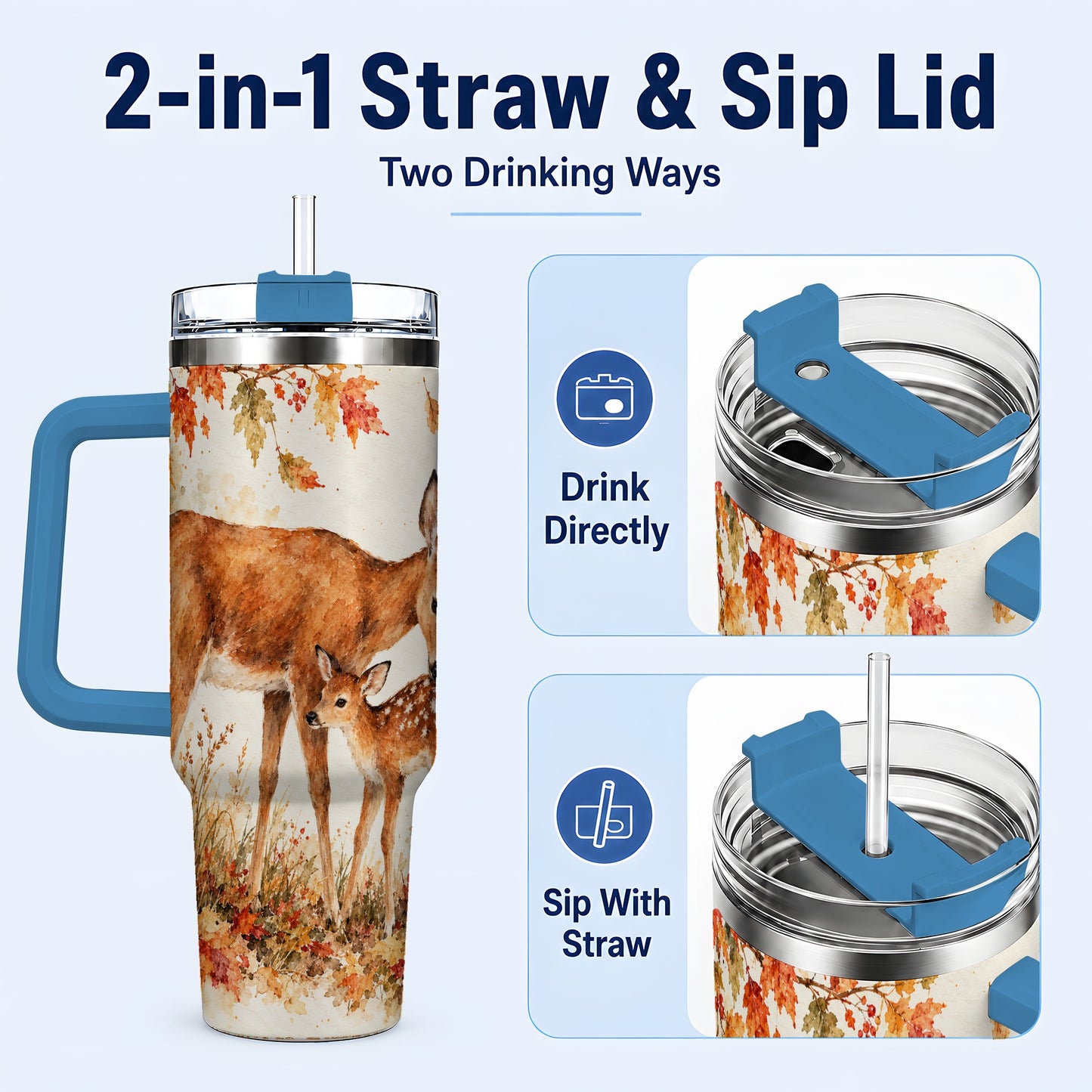 #pl[40oz|Blue] Watercolor Deer 40oz Tumbler with Handle, Stainless Steel Travel Cup