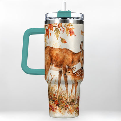 #pl[40oz|Green] Watercolor Deer 40oz Tumbler with Handle, Stainless Steel Travel Cup