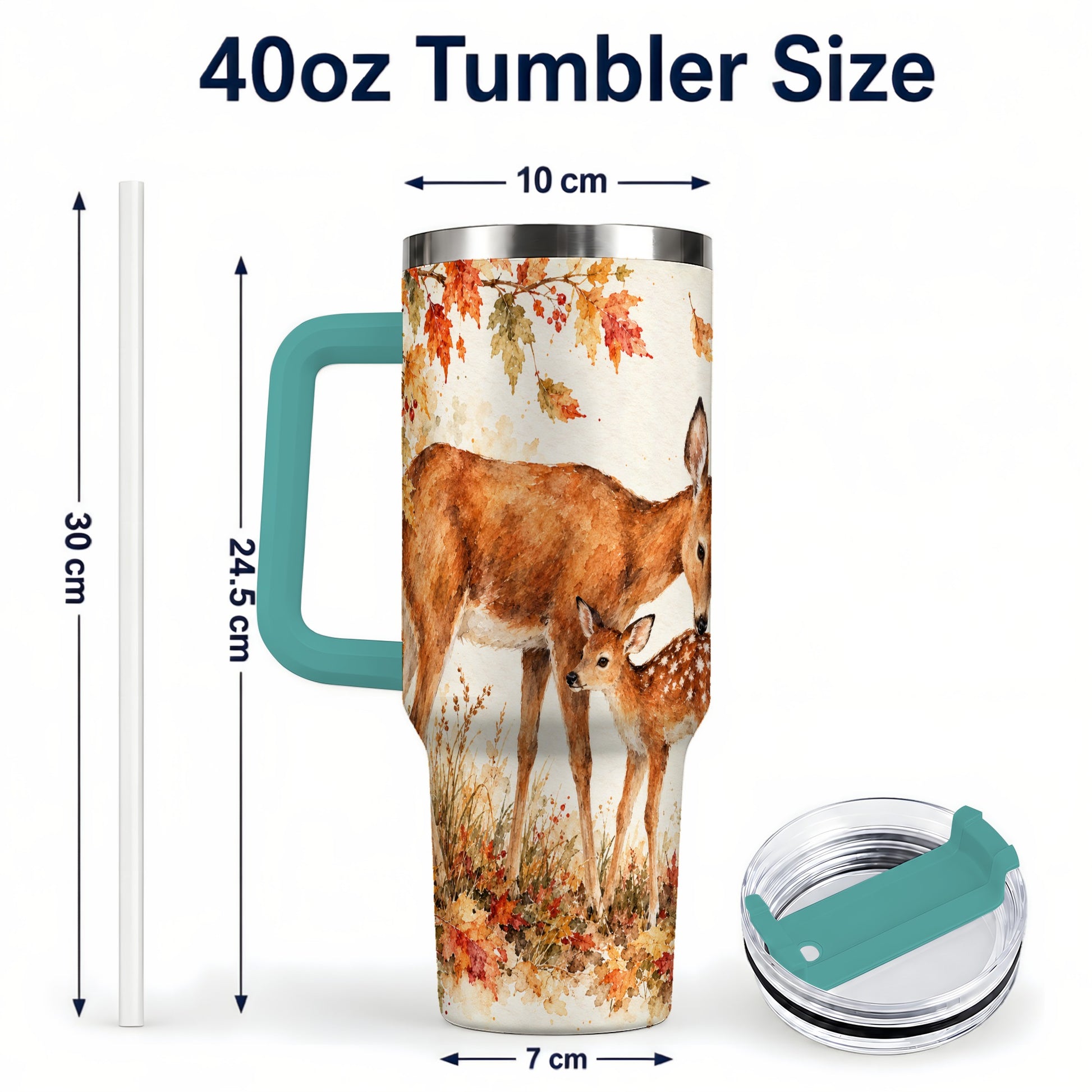 #pl[40oz|Green] Watercolor Deer 40oz Tumbler with Handle, Stainless Steel Travel Cup