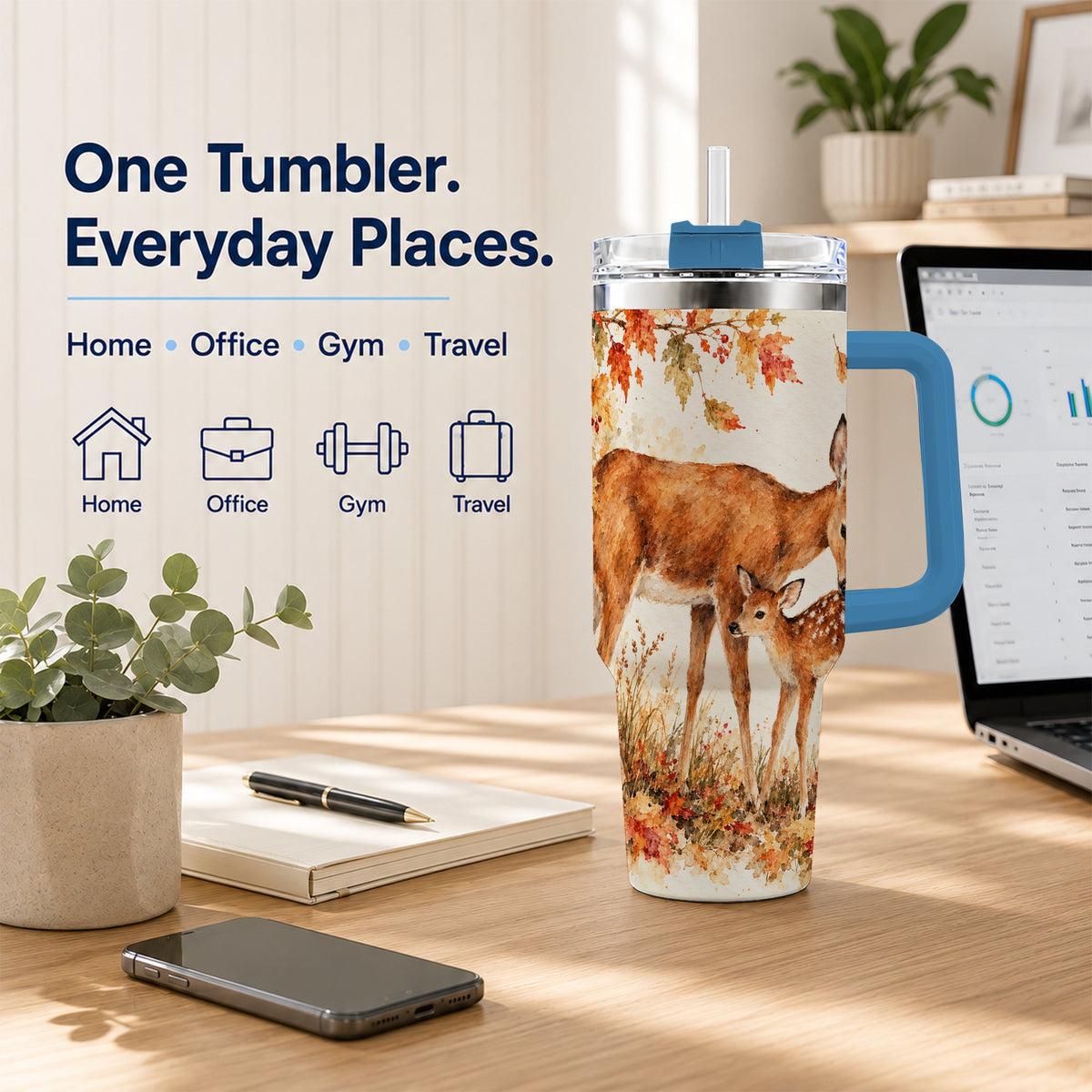 #pl[40oz|Blue] Watercolor Deer 40oz Tumbler with Handle, Stainless Steel Travel Cup