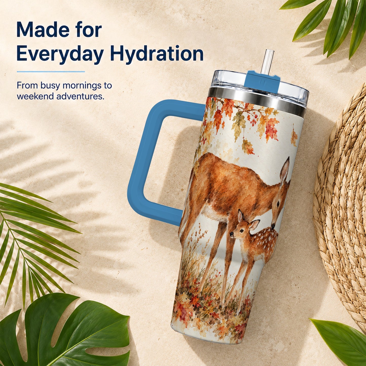 #pl[40oz|Blue] Watercolor Deer 40oz Tumbler with Handle, Stainless Steel Travel Cup