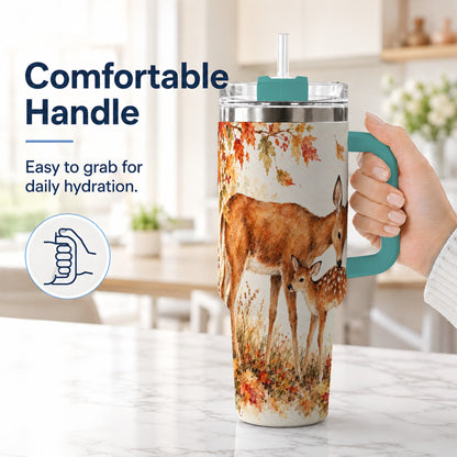 #pl[40oz|Green] Watercolor Deer 40oz Tumbler with Handle, Stainless Steel Travel Cup
