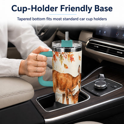 #pl[40oz|Green] Watercolor Deer 40oz Tumbler with Handle, Stainless Steel Travel Cup