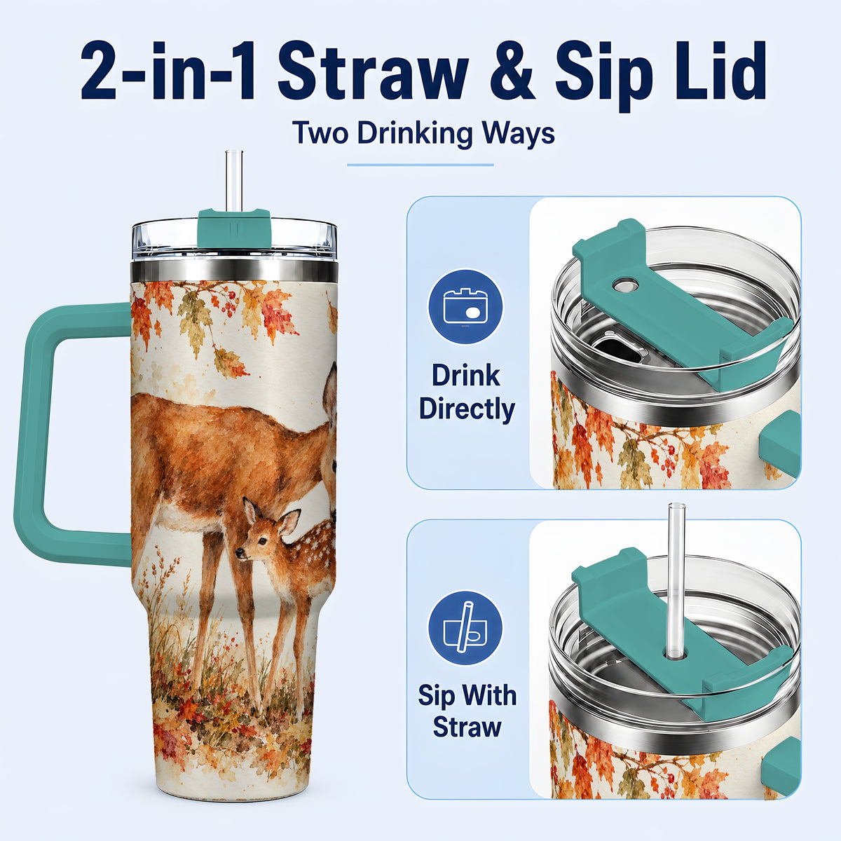 #pl[40oz|Green] Watercolor Deer 40oz Tumbler with Handle, Stainless Steel Travel Cup