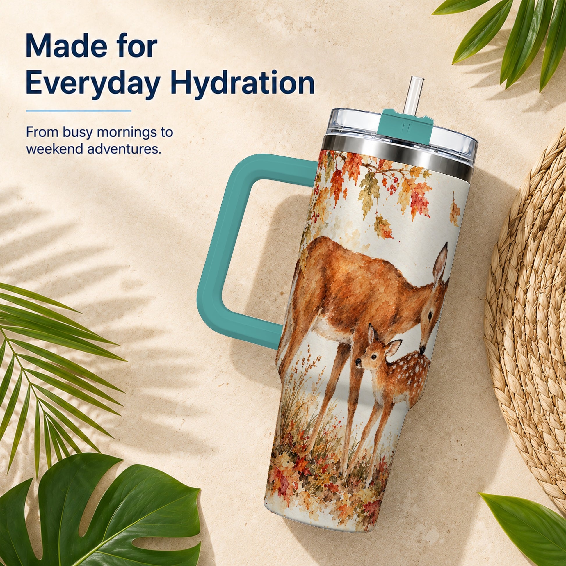 #pl[40oz|Green] Watercolor Deer 40oz Tumbler with Handle, Stainless Steel Travel Cup