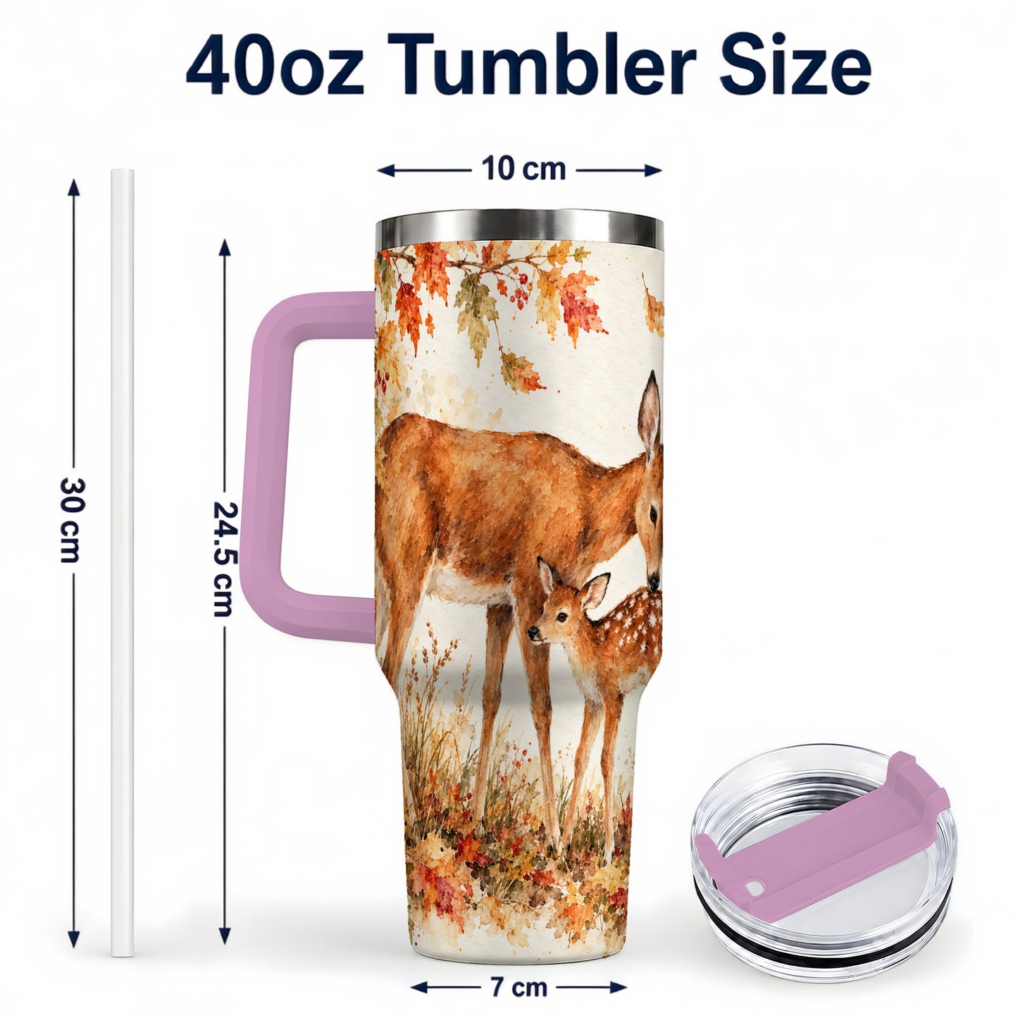 #pl[40oz|Pink] Watercolor Deer 40oz Tumbler with Handle, Stainless Steel Travel Cup