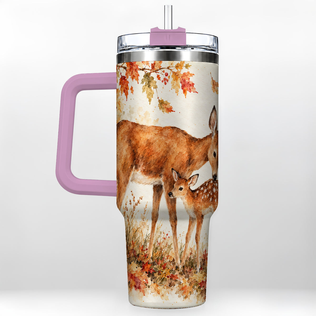 #pl[40oz|Pink] Watercolor Deer 40oz Tumbler with Handle, Stainless Steel Travel Cup