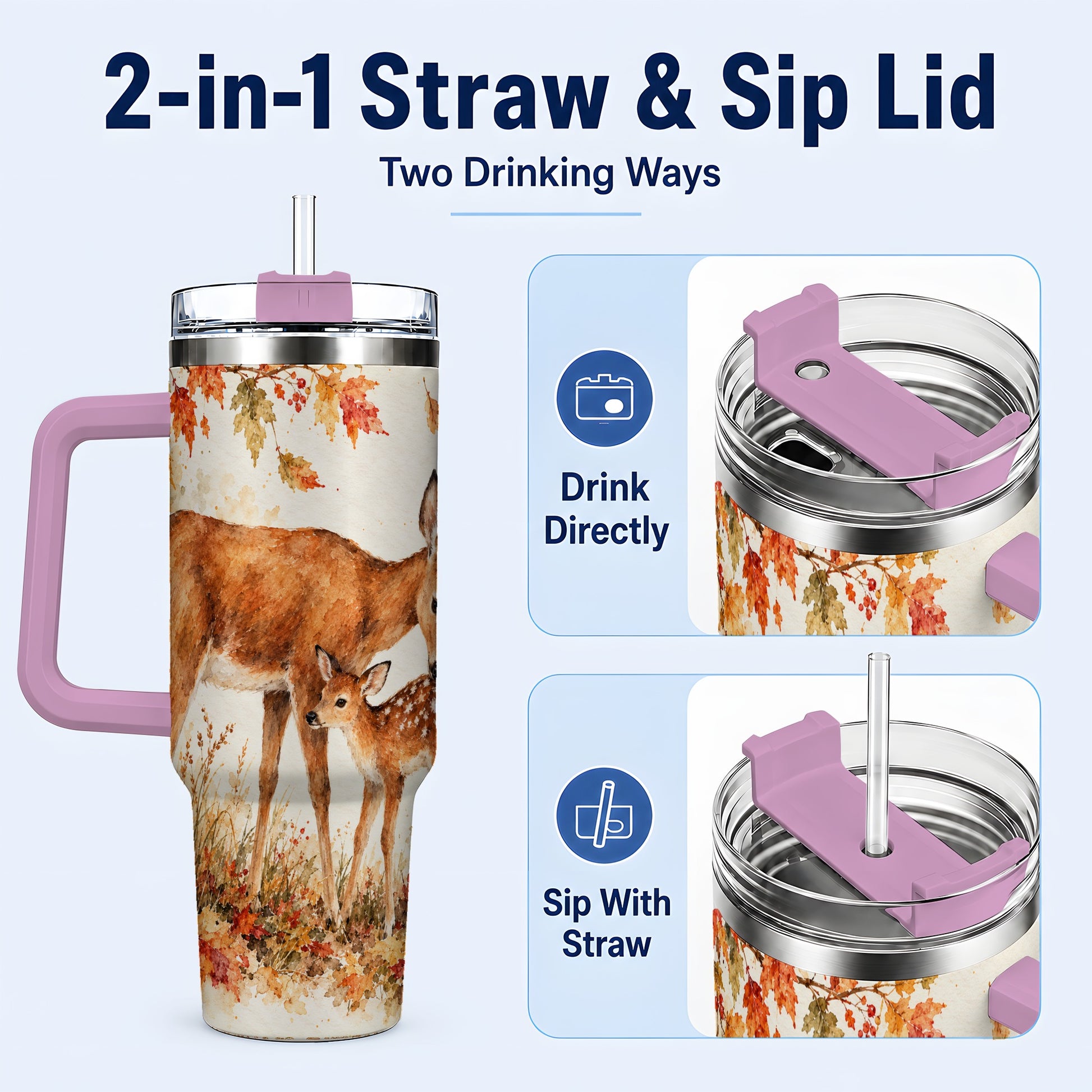 #pl[40oz|Pink] Watercolor Deer 40oz Tumbler with Handle, Stainless Steel Travel Cup