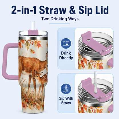 #pl[40oz|Pink] Watercolor Deer 40oz Tumbler with Handle, Stainless Steel Travel Cup