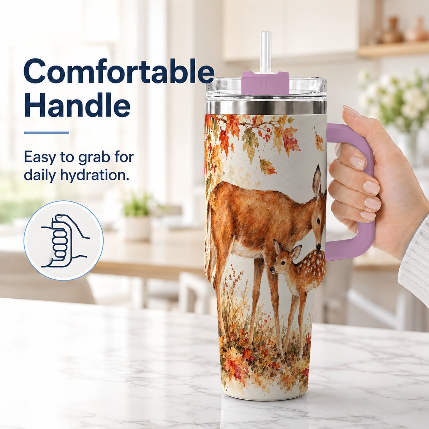 #pl[40oz|Pink] Watercolor Deer 40oz Tumbler with Handle, Stainless Steel Travel Cup