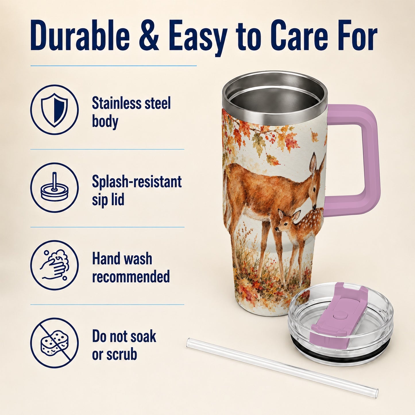 #pl[40oz|Pink] Watercolor Deer 40oz Tumbler with Handle, Stainless Steel Travel Cup