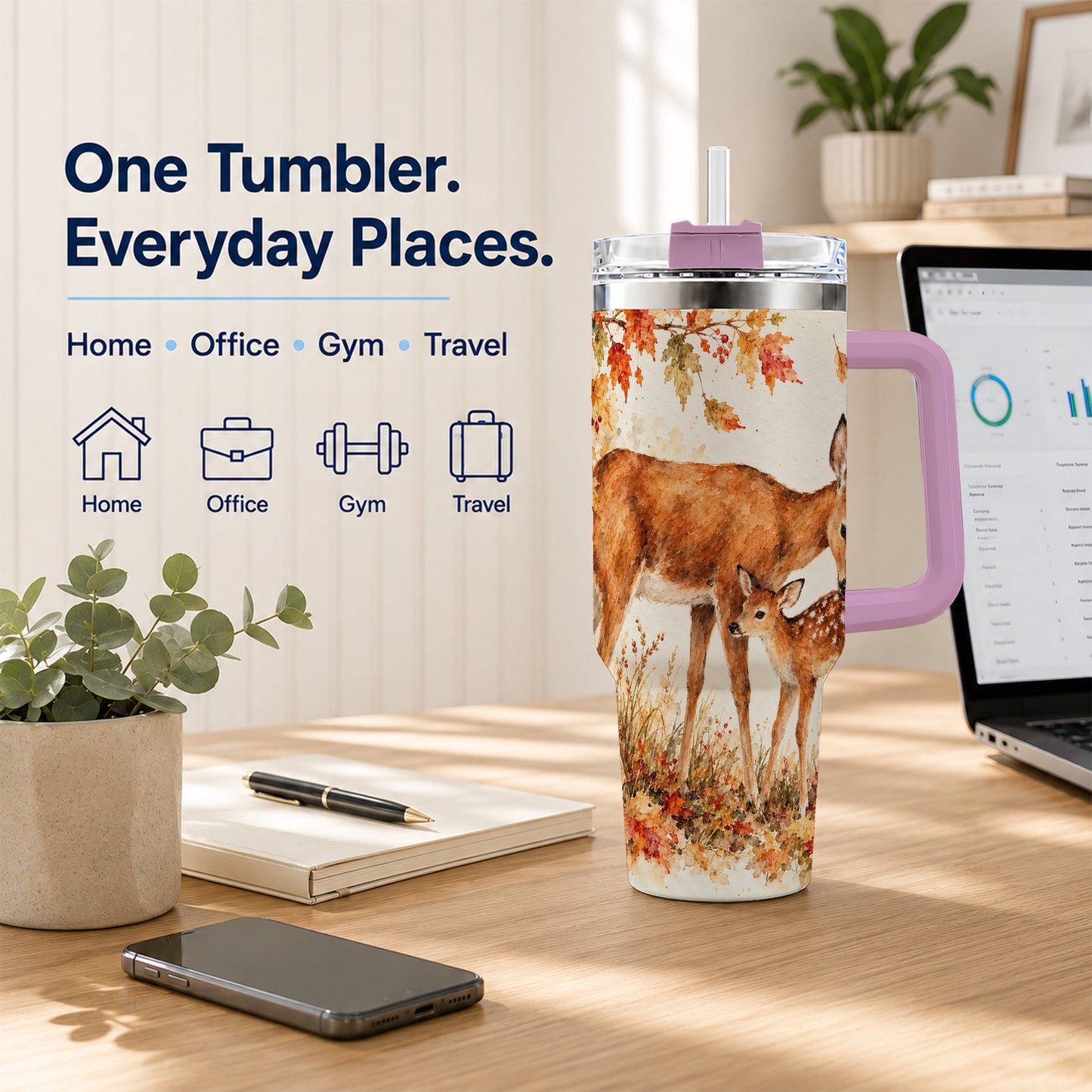 #pl[40oz|Pink] Watercolor Deer 40oz Tumbler with Handle, Stainless Steel Travel Cup