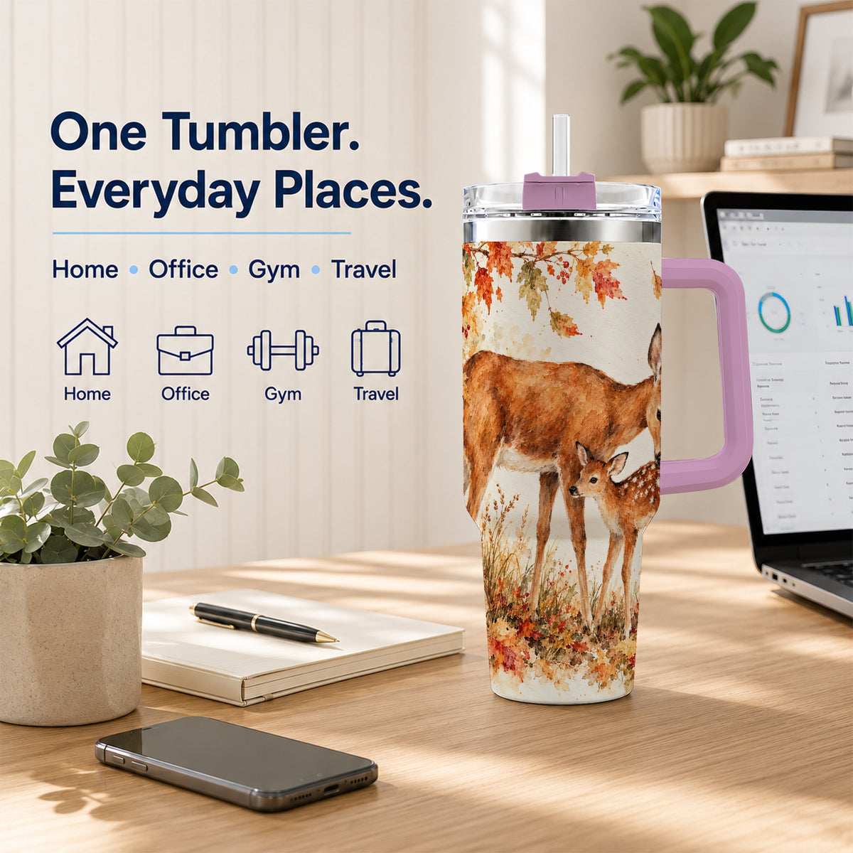 #pl[40oz|Pink] Watercolor Deer 40oz Tumbler with Handle, Stainless Steel Travel Cup