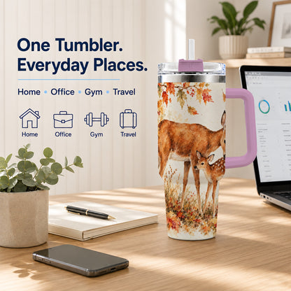 #pl[40oz|Pink] Watercolor Deer 40oz Tumbler with Handle, Stainless Steel Travel Cup