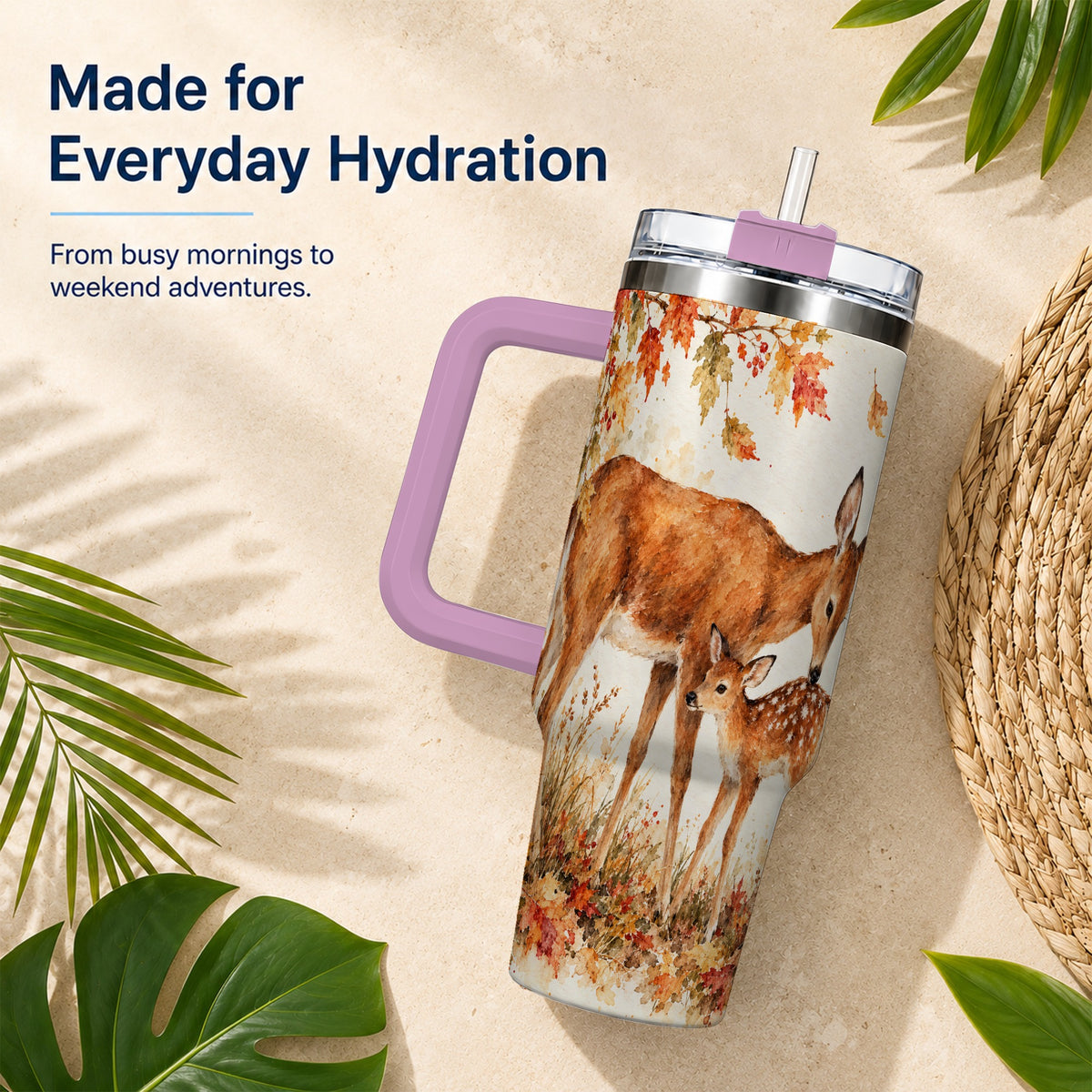 #pl[40oz|Pink] Watercolor Deer 40oz Tumbler with Handle, Stainless Steel Travel Cup