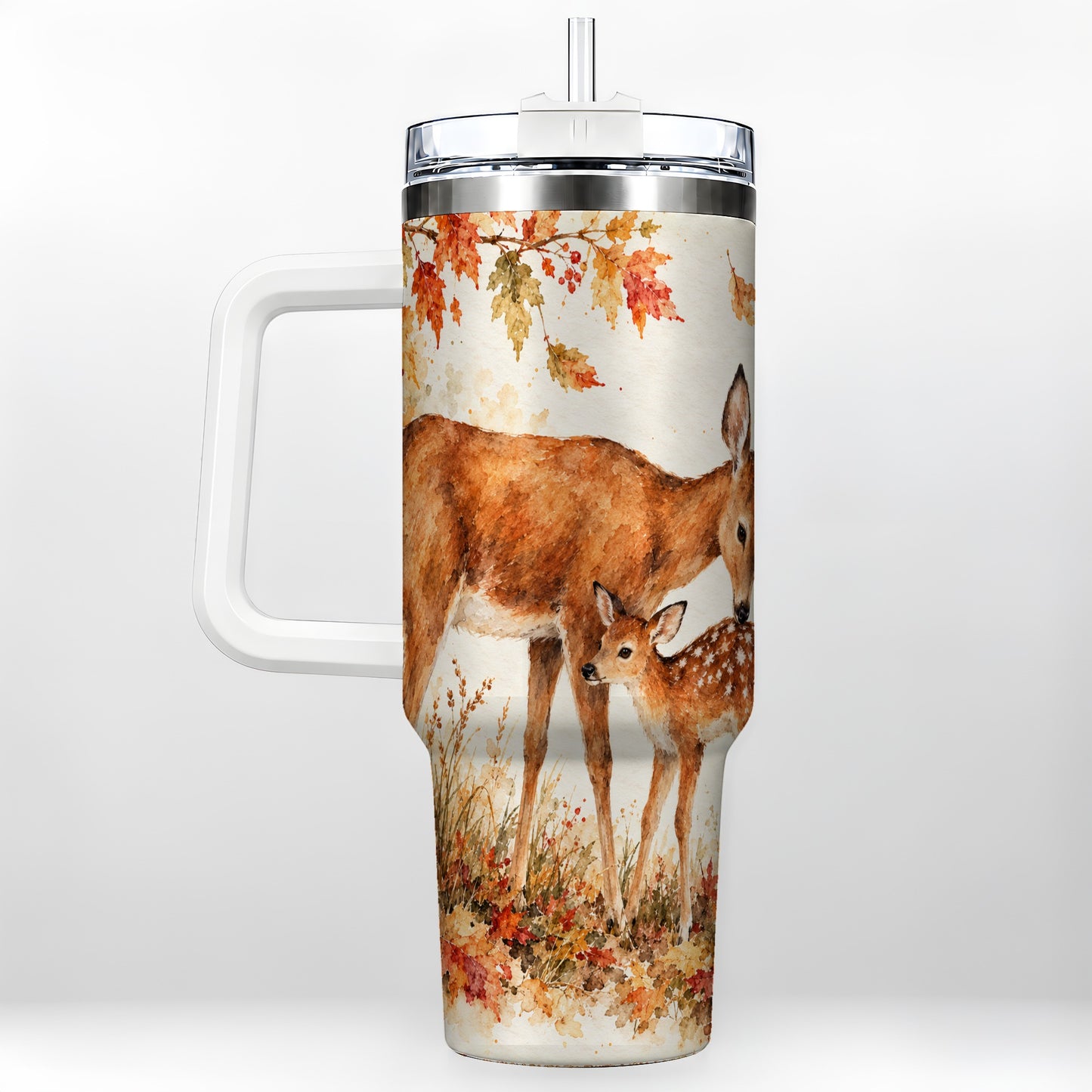 Watercolor Deer 40oz Tumbler with Handle, Stainless Steel Travel Cup