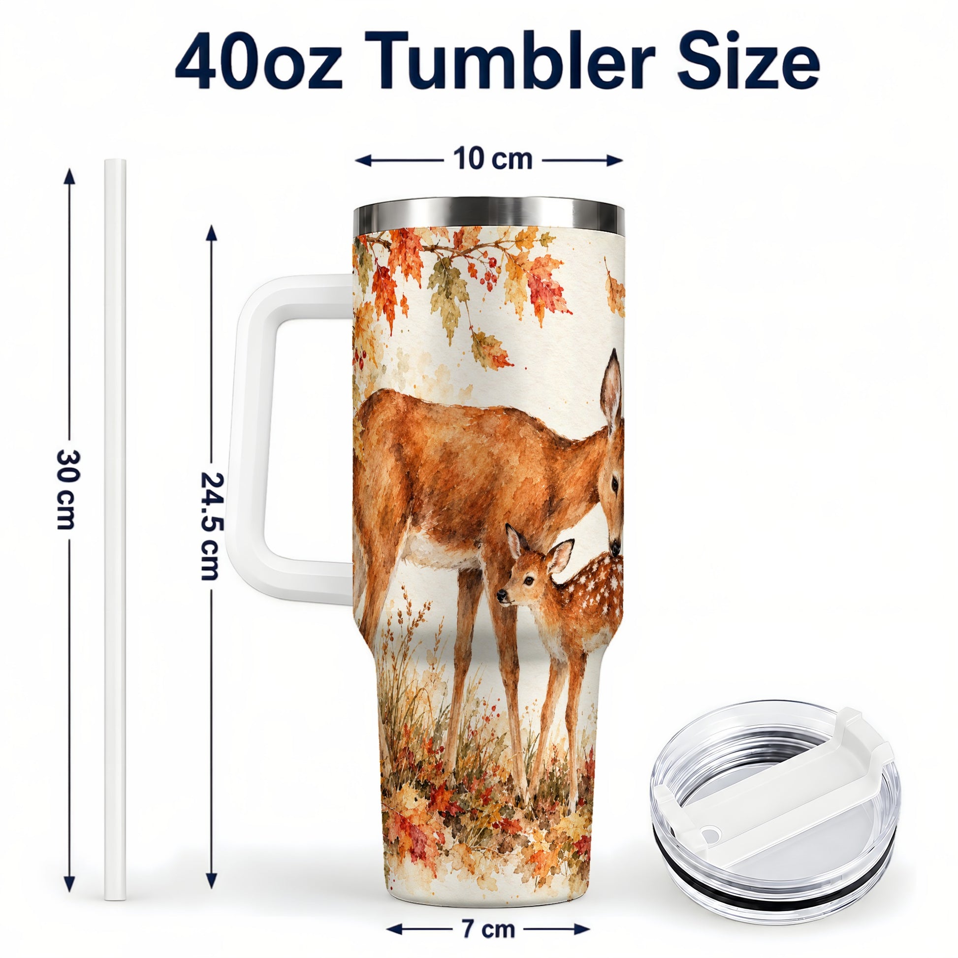 #pl[40oz|White] Watercolor Deer 40oz Tumbler with Handle, Stainless Steel Travel Cup