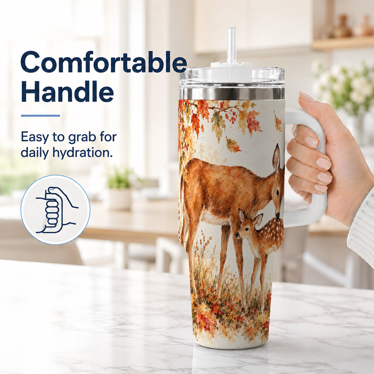 #pl[40oz|White] Watercolor Deer 40oz Tumbler with Handle, Stainless Steel Travel Cup