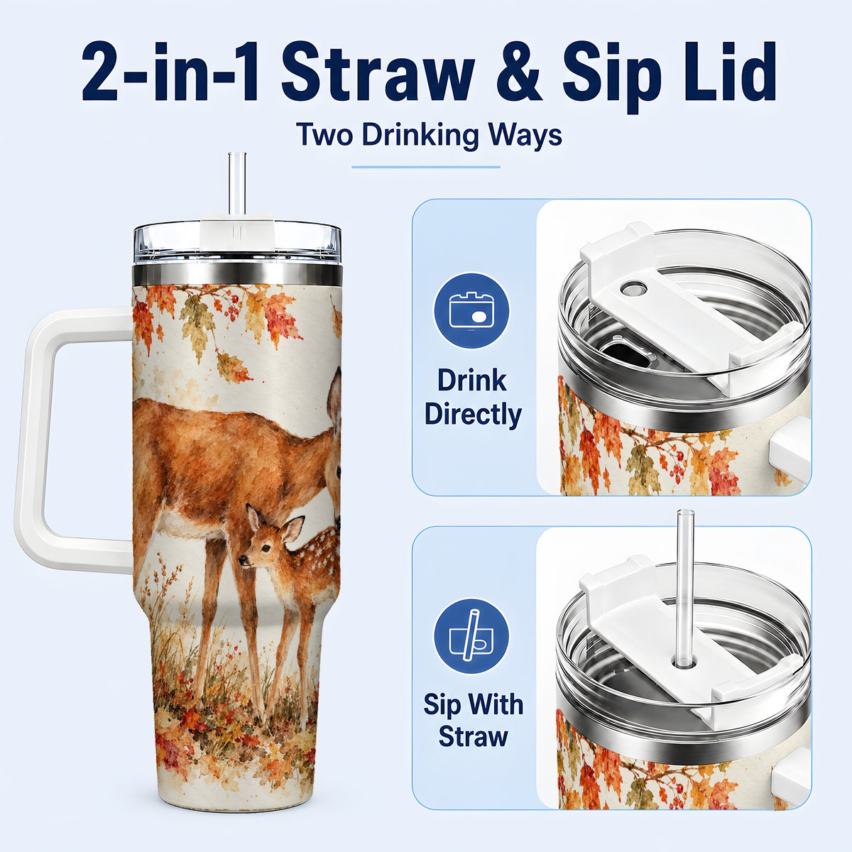 #pl[40oz|White] Watercolor Deer 40oz Tumbler with Handle, Stainless Steel Travel Cup
