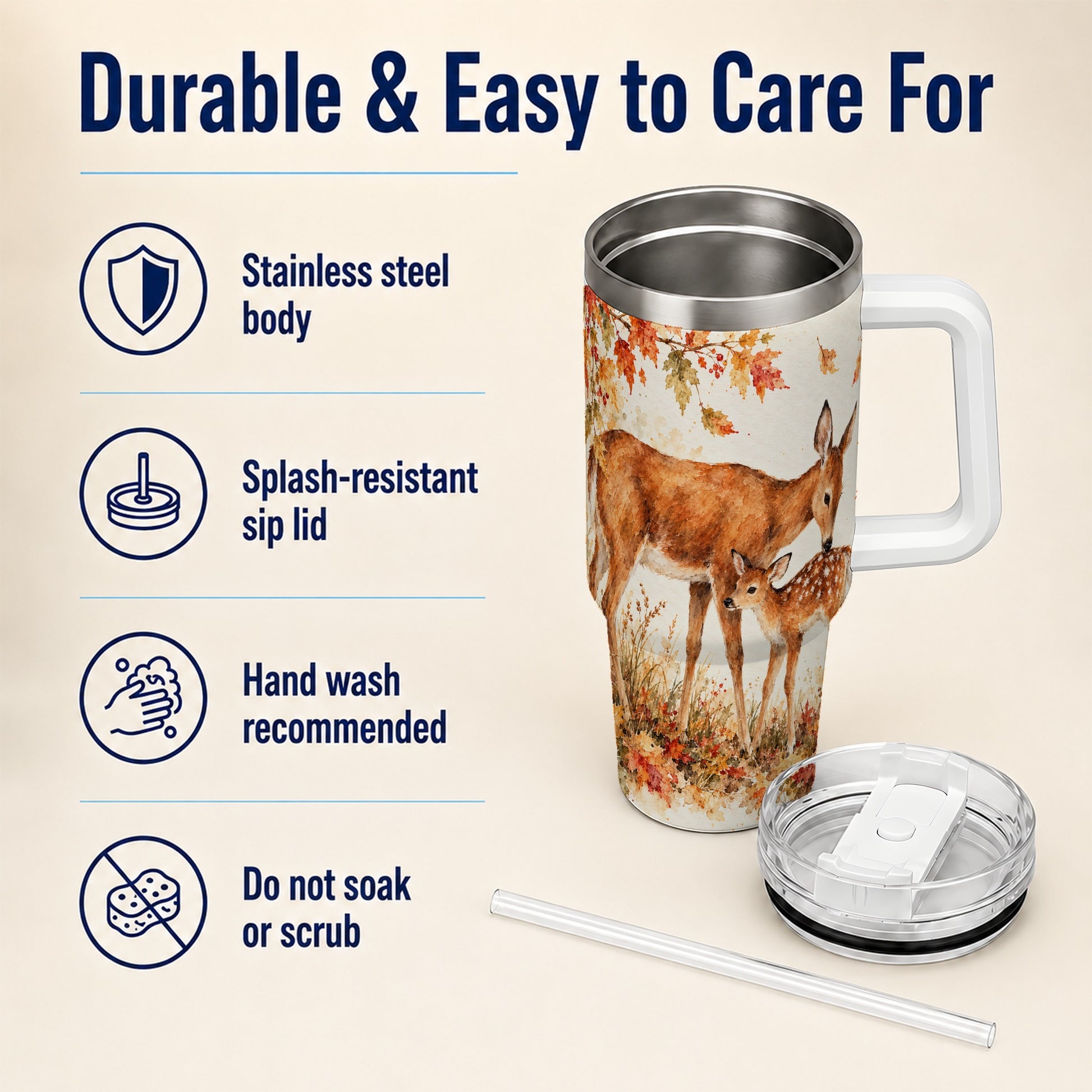#pl[40oz|White] Watercolor Deer 40oz Tumbler with Handle, Stainless Steel Travel Cup