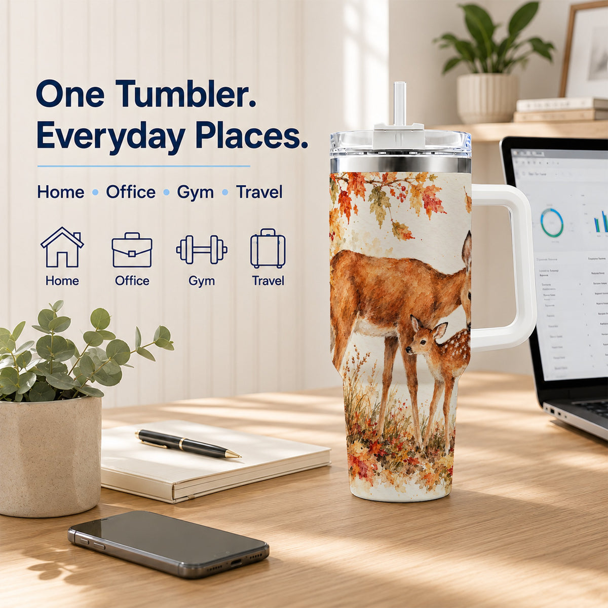 #pl[40oz|White] Watercolor Deer 40oz Tumbler with Handle, Stainless Steel Travel Cup