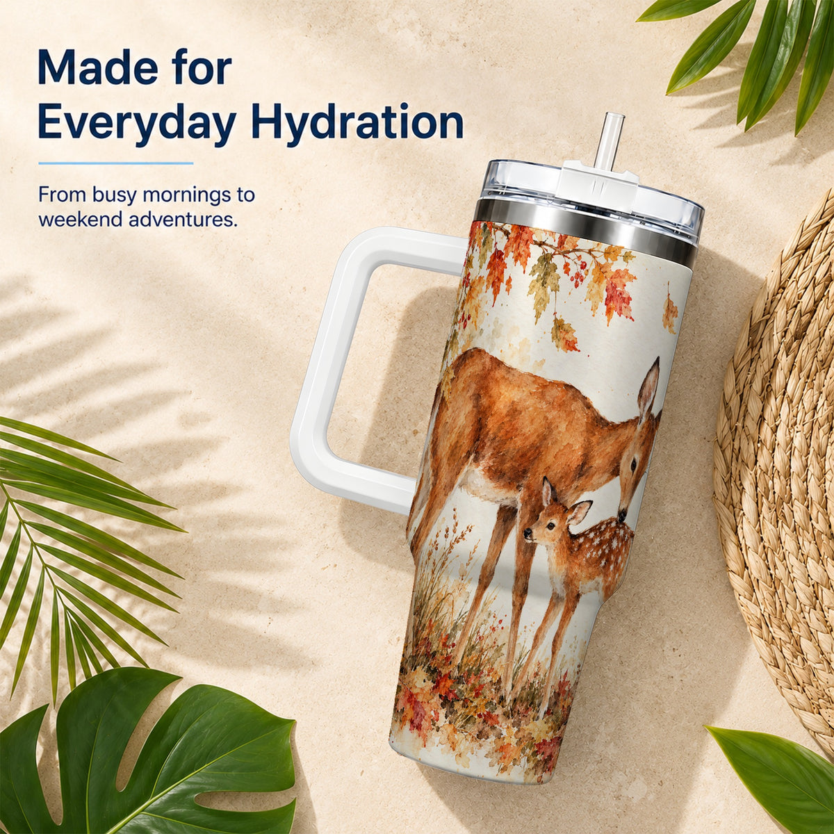 #pl[40oz|White] Watercolor Deer 40oz Tumbler with Handle, Stainless Steel Travel Cup