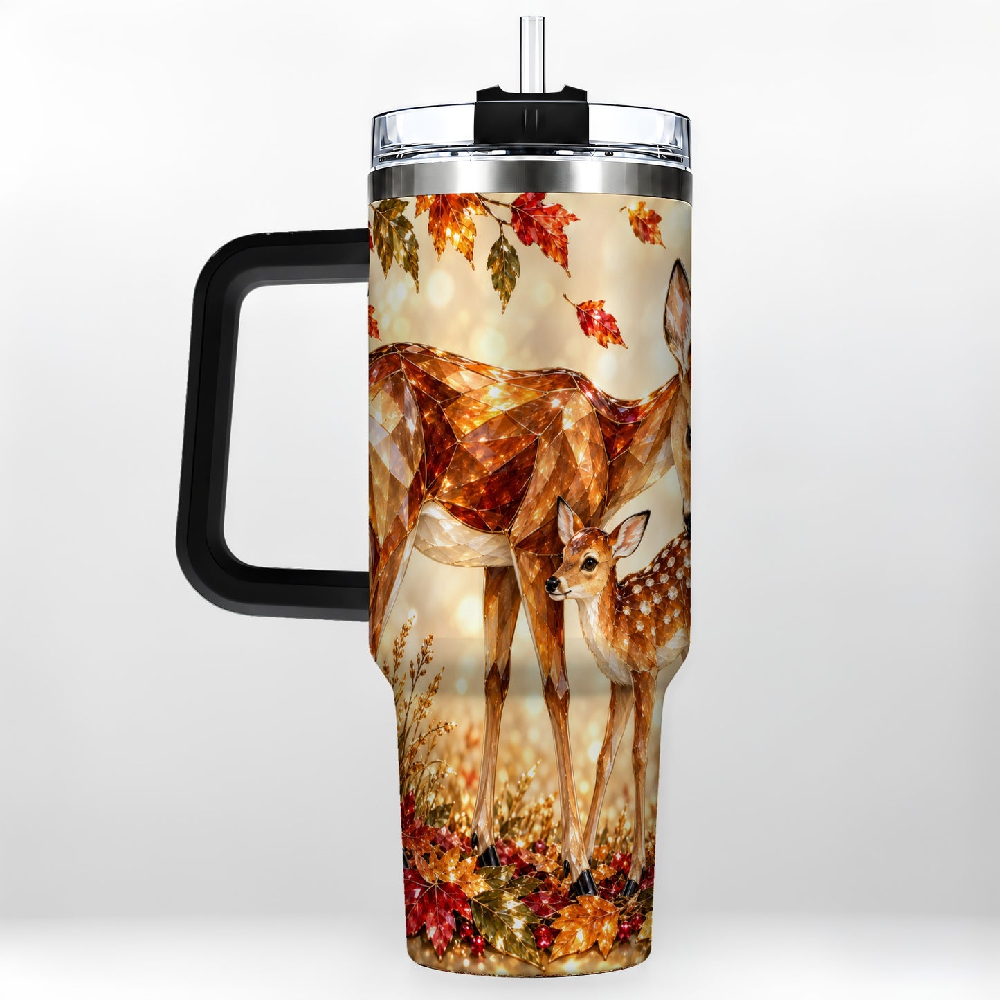 #pl[40oz|Black] Faceted Deer 40oz Tumbler with Handle, Stainless Steel Travel Cup