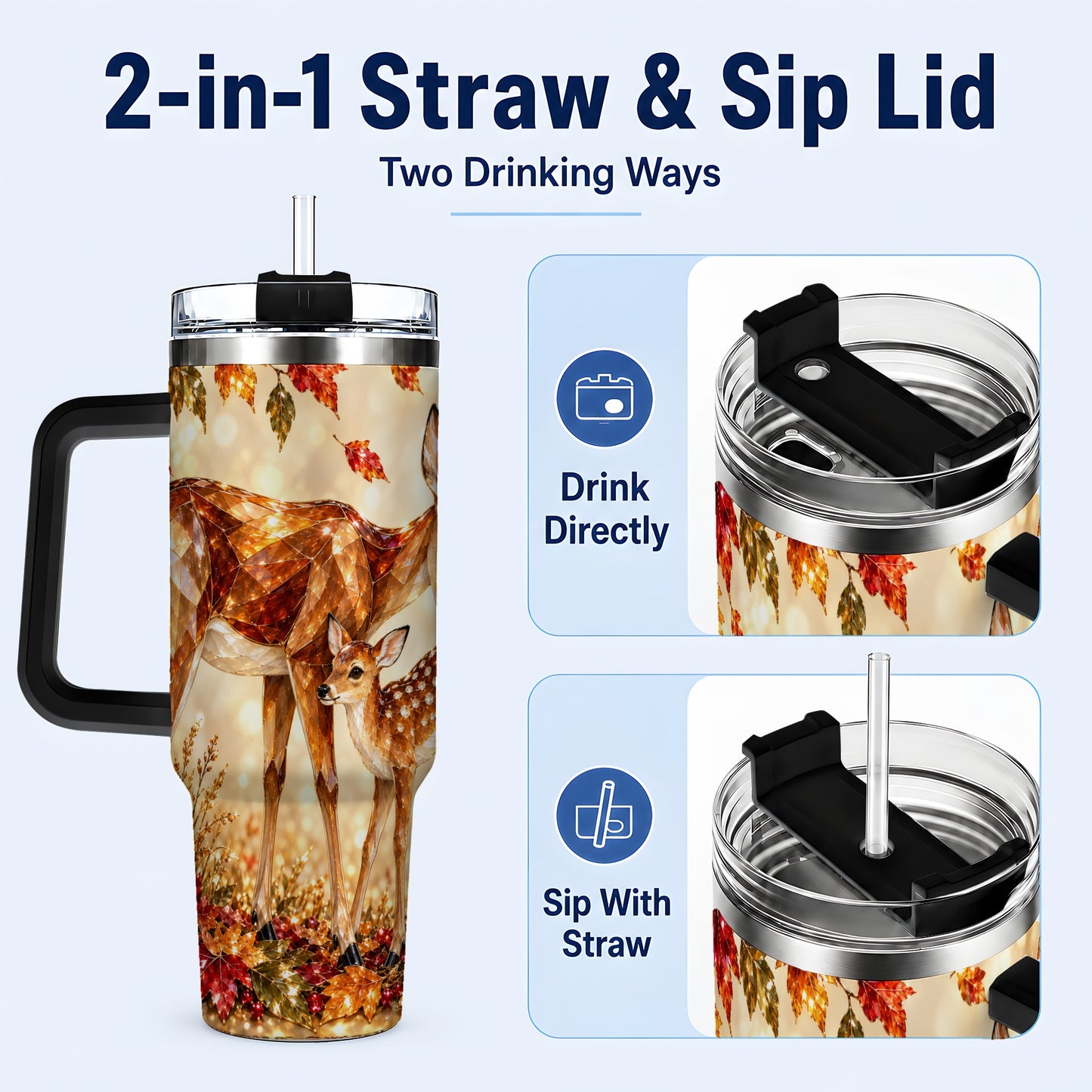 #pl[40oz|Black] Faceted Deer 40oz Tumbler with Handle, Stainless Steel Travel Cup
