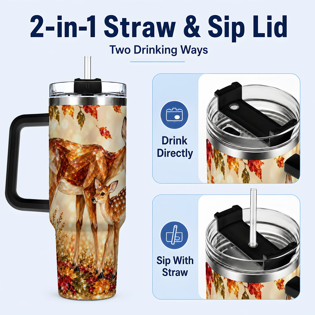 #pl[40oz|Black] Faceted Deer 40oz Tumbler with Handle, Stainless Steel Travel Cup