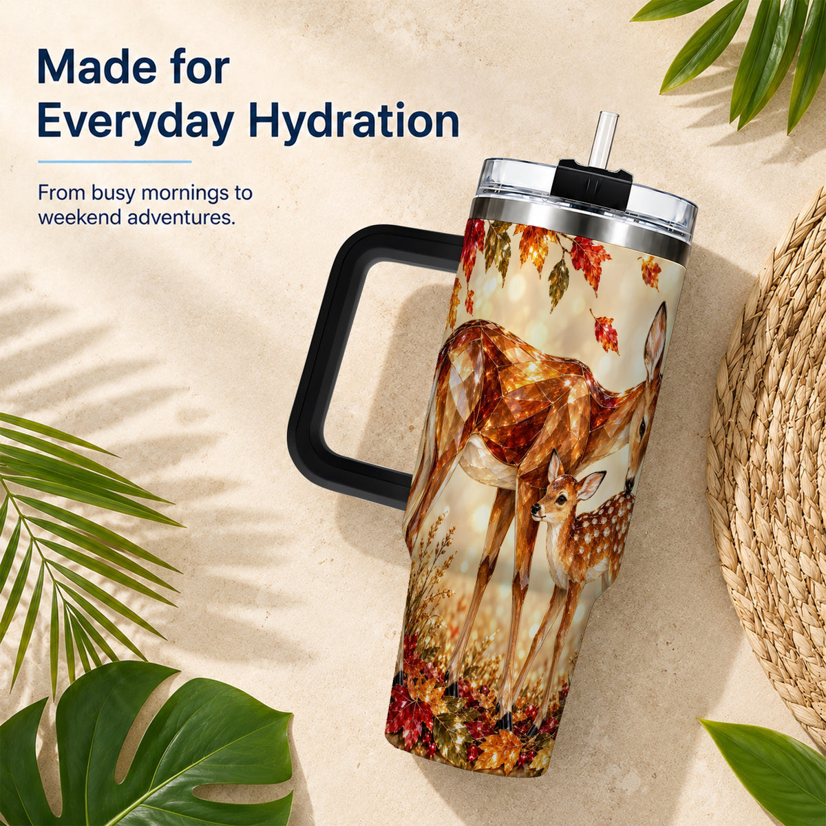 #pl[40oz|Black] Faceted Deer 40oz Tumbler with Handle, Stainless Steel Travel Cup