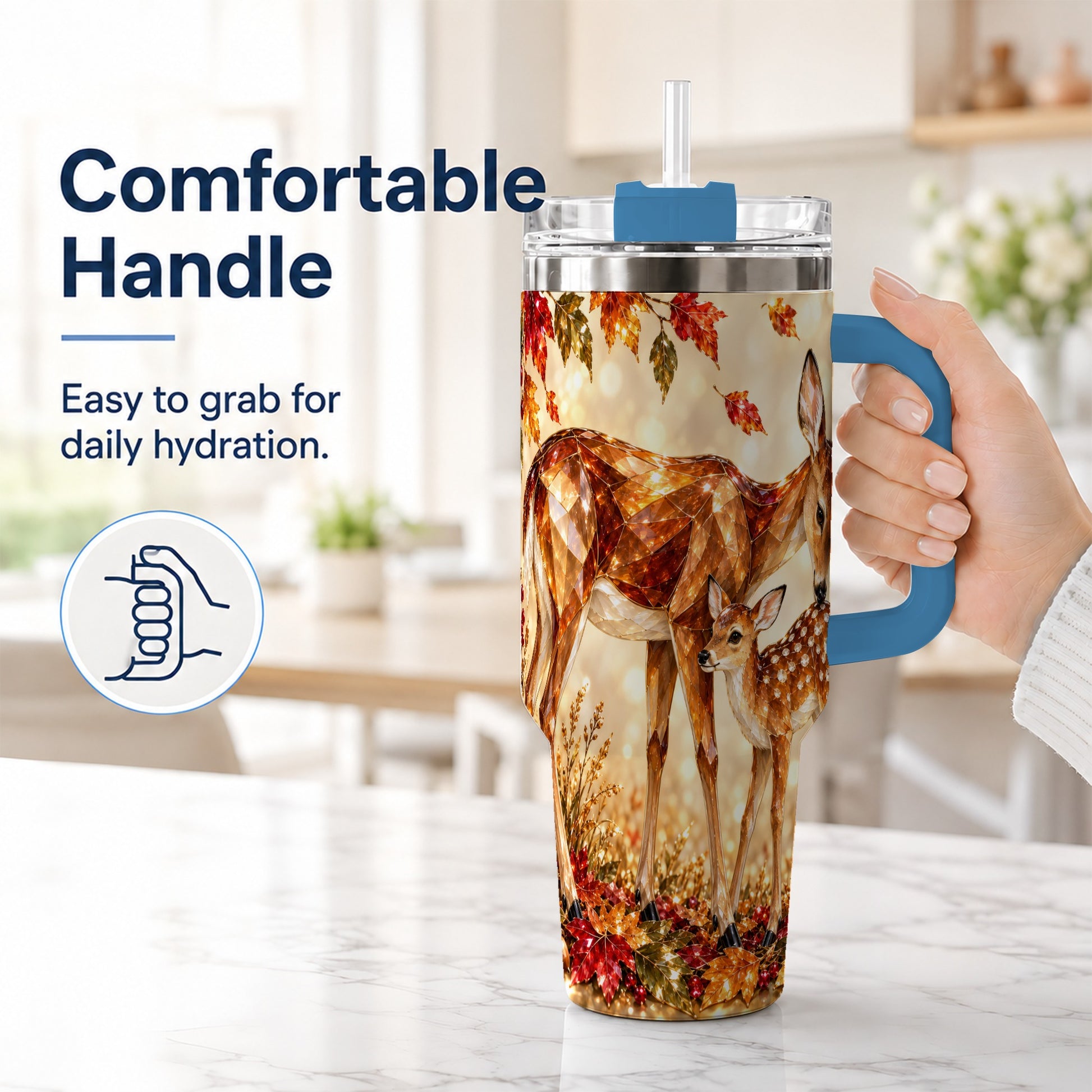 #pl[40oz|Blue] Faceted Deer 40oz Tumbler with Handle, Stainless Steel Travel Cup