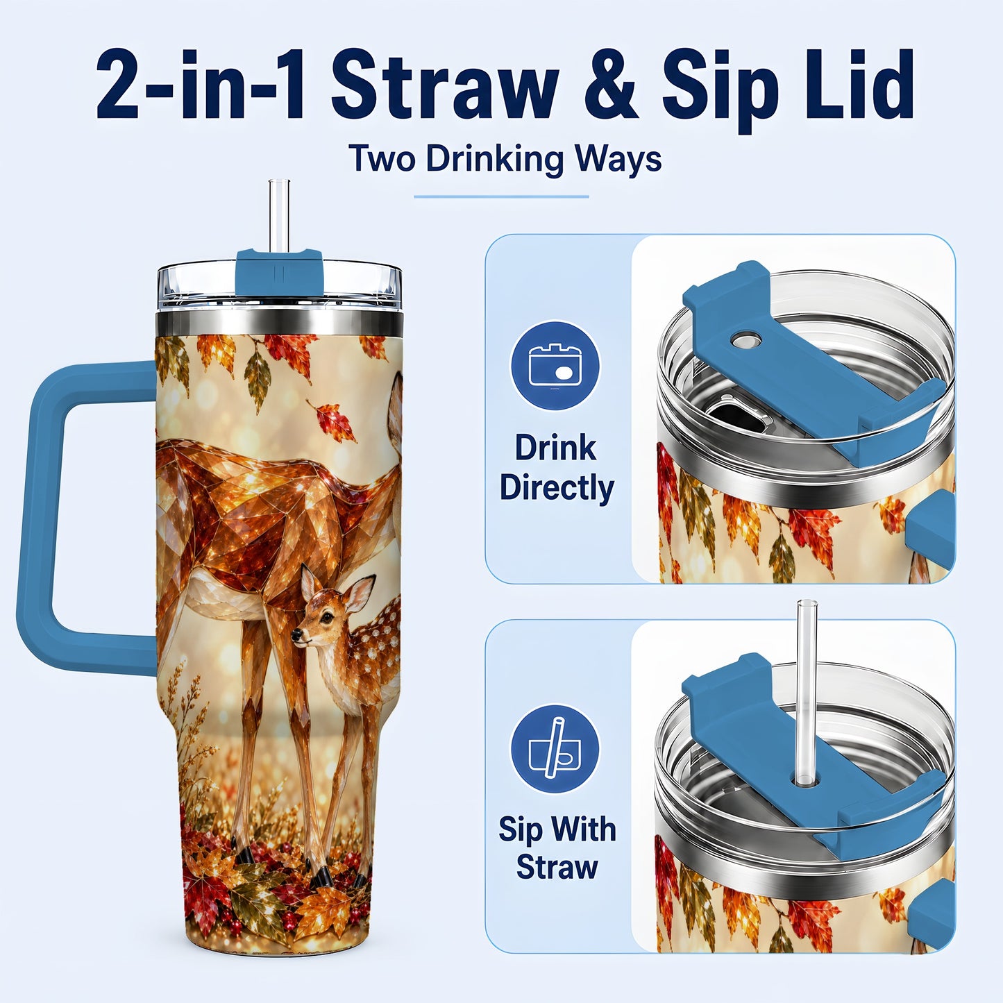 #pl[40oz|Blue] Faceted Deer 40oz Tumbler with Handle, Stainless Steel Travel Cup