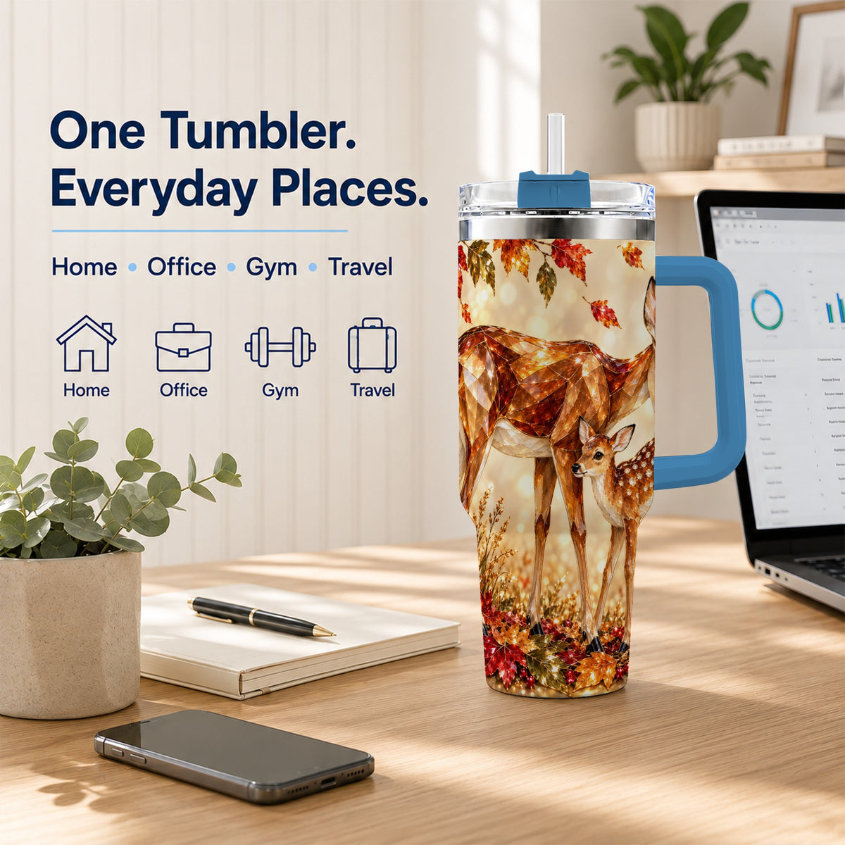 #pl[40oz|Blue] Faceted Deer 40oz Tumbler with Handle, Stainless Steel Travel Cup