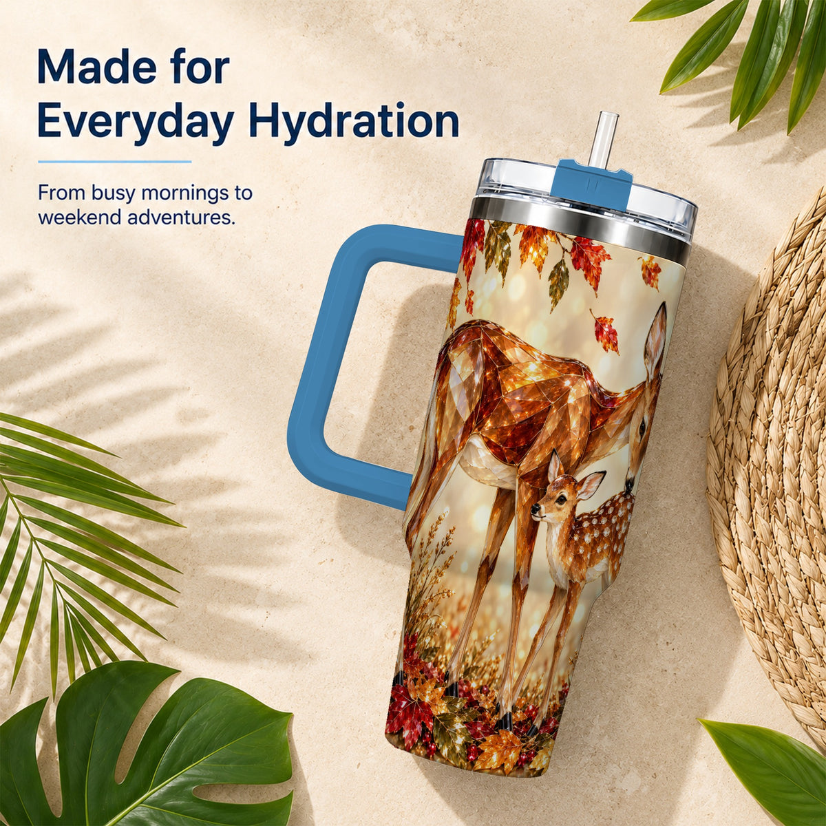 #pl[40oz|Blue] Faceted Deer 40oz Tumbler with Handle, Stainless Steel Travel Cup