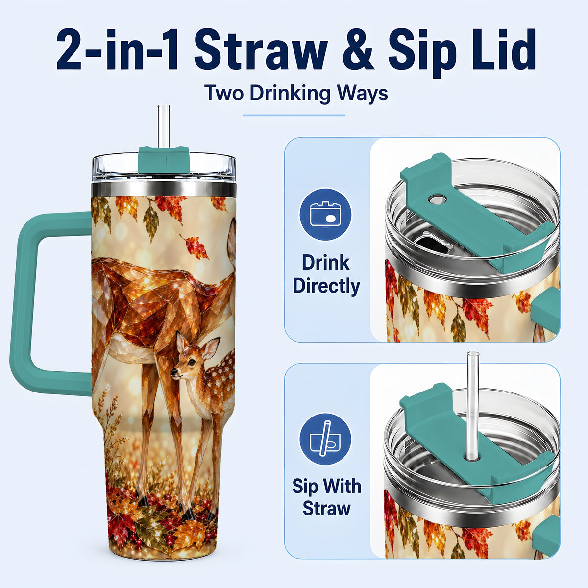 #pl[40oz|Green] Faceted Deer 40oz Tumbler with Handle, Stainless Steel Travel Cup