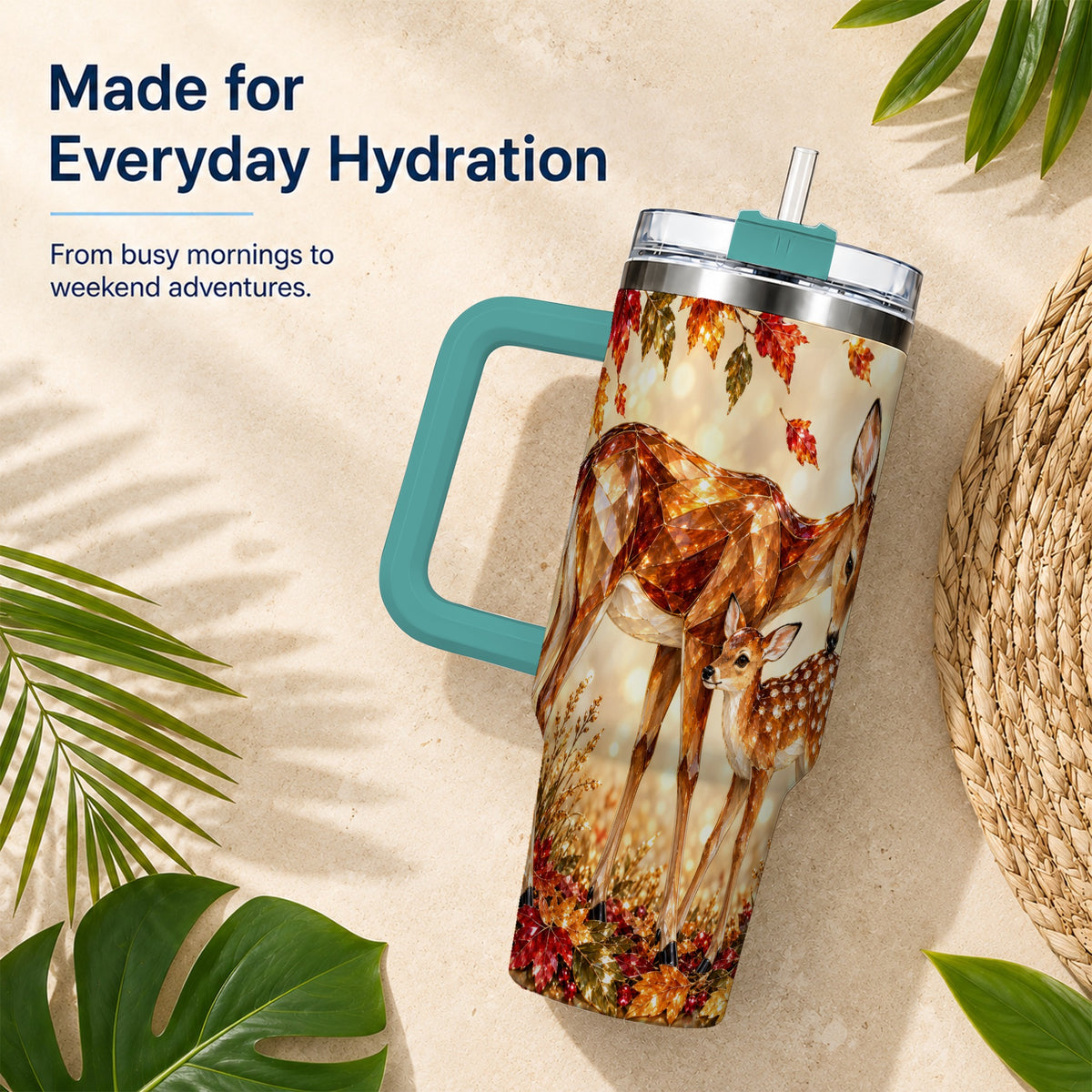 #pl[40oz|Green] Faceted Deer 40oz Tumbler with Handle, Stainless Steel Travel Cup