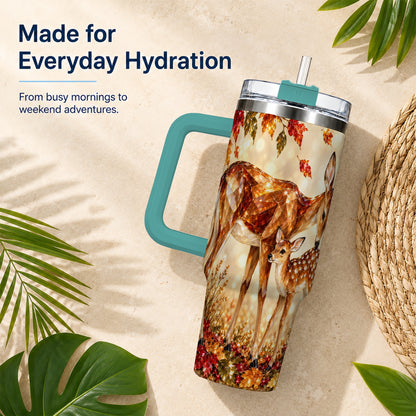 #pl[40oz|Green] Faceted Deer 40oz Tumbler with Handle, Stainless Steel Travel Cup