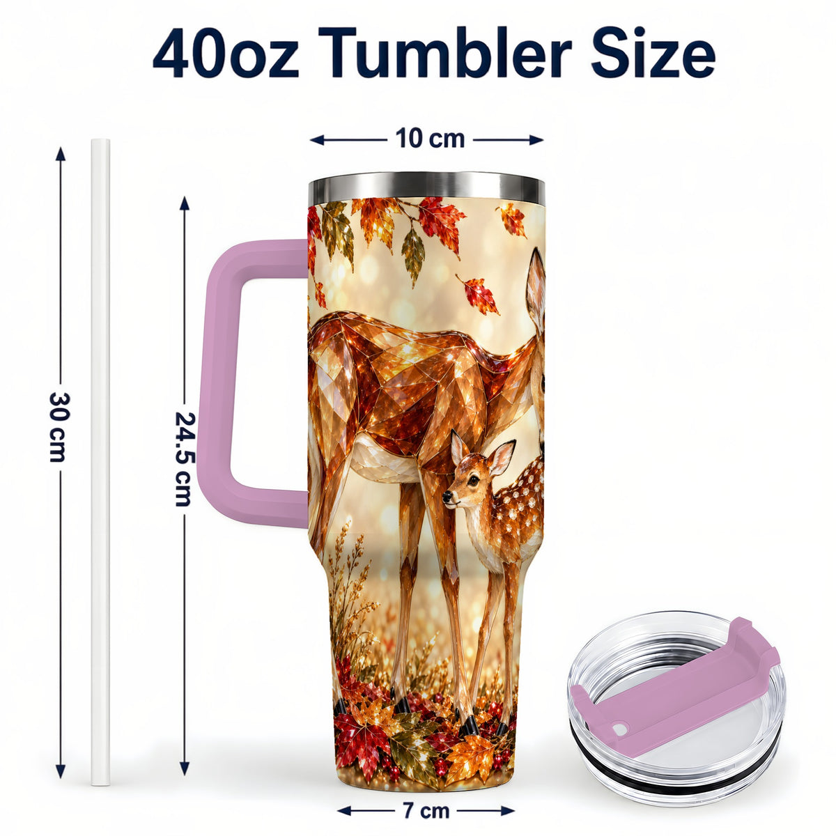 #pl[40oz|Pink] Faceted Deer 40oz Tumbler with Handle, Stainless Steel Travel Cup