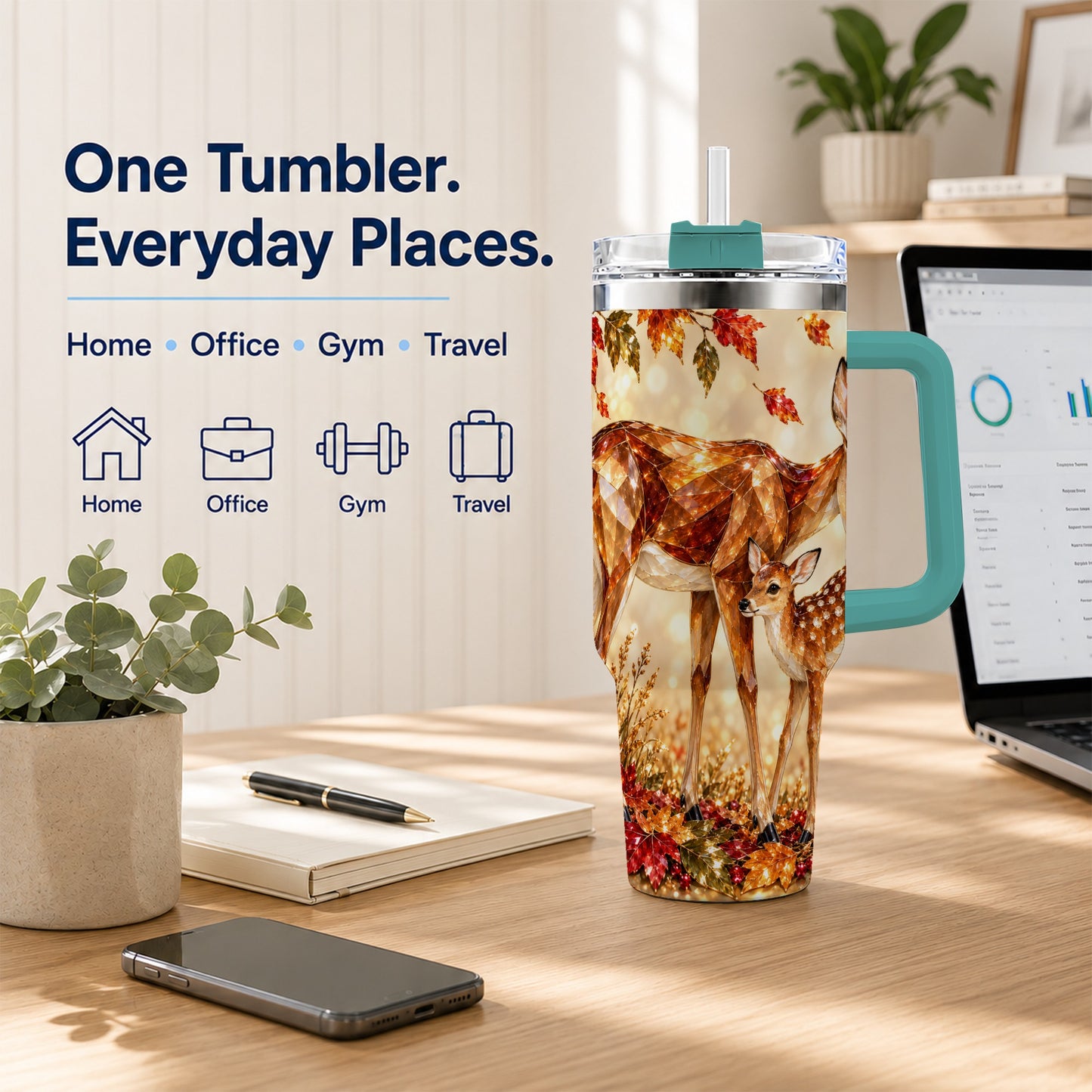 #pl[40oz|Green] Faceted Deer 40oz Tumbler with Handle, Stainless Steel Travel Cup