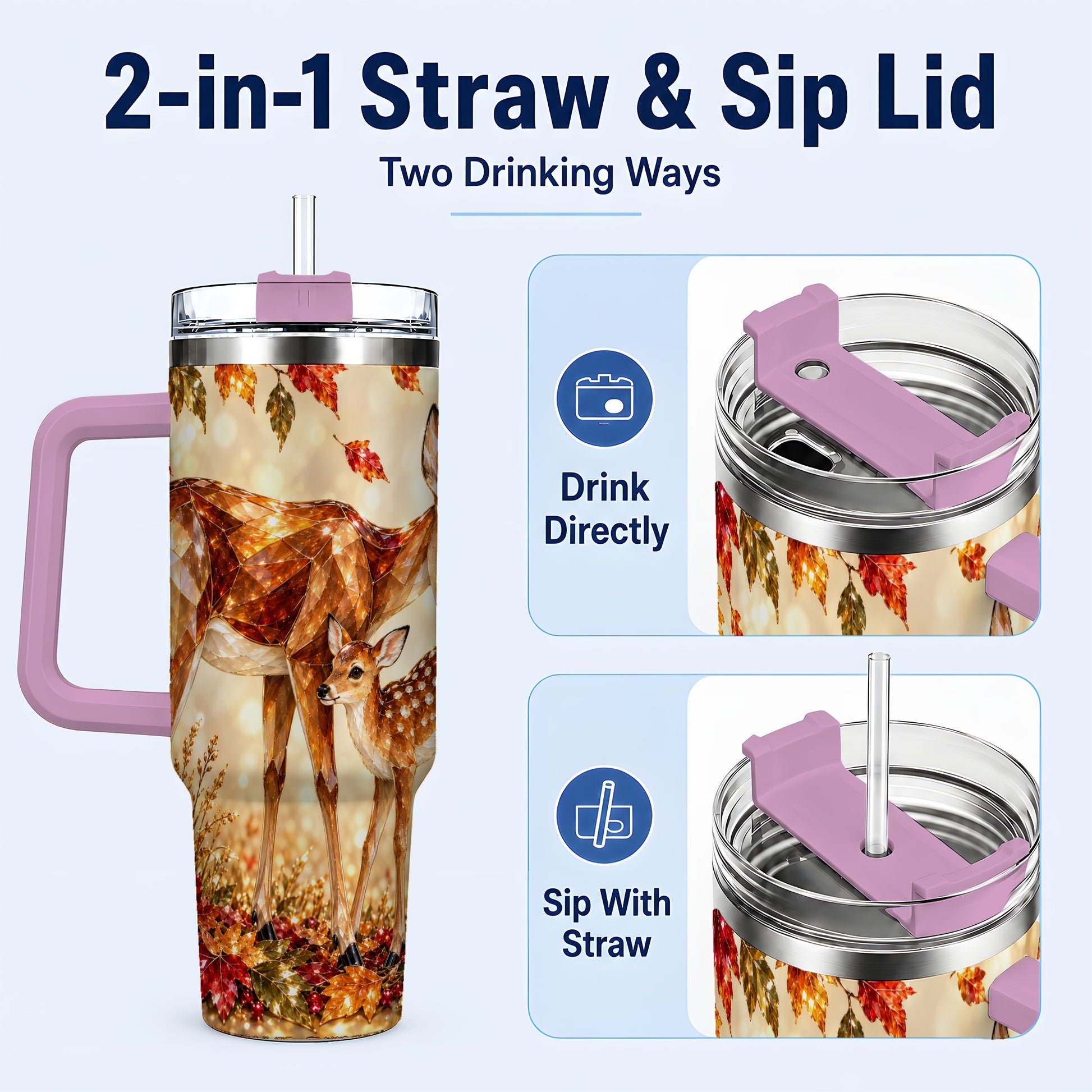 #pl[40oz|Pink] Faceted Deer 40oz Tumbler with Handle, Stainless Steel Travel Cup
