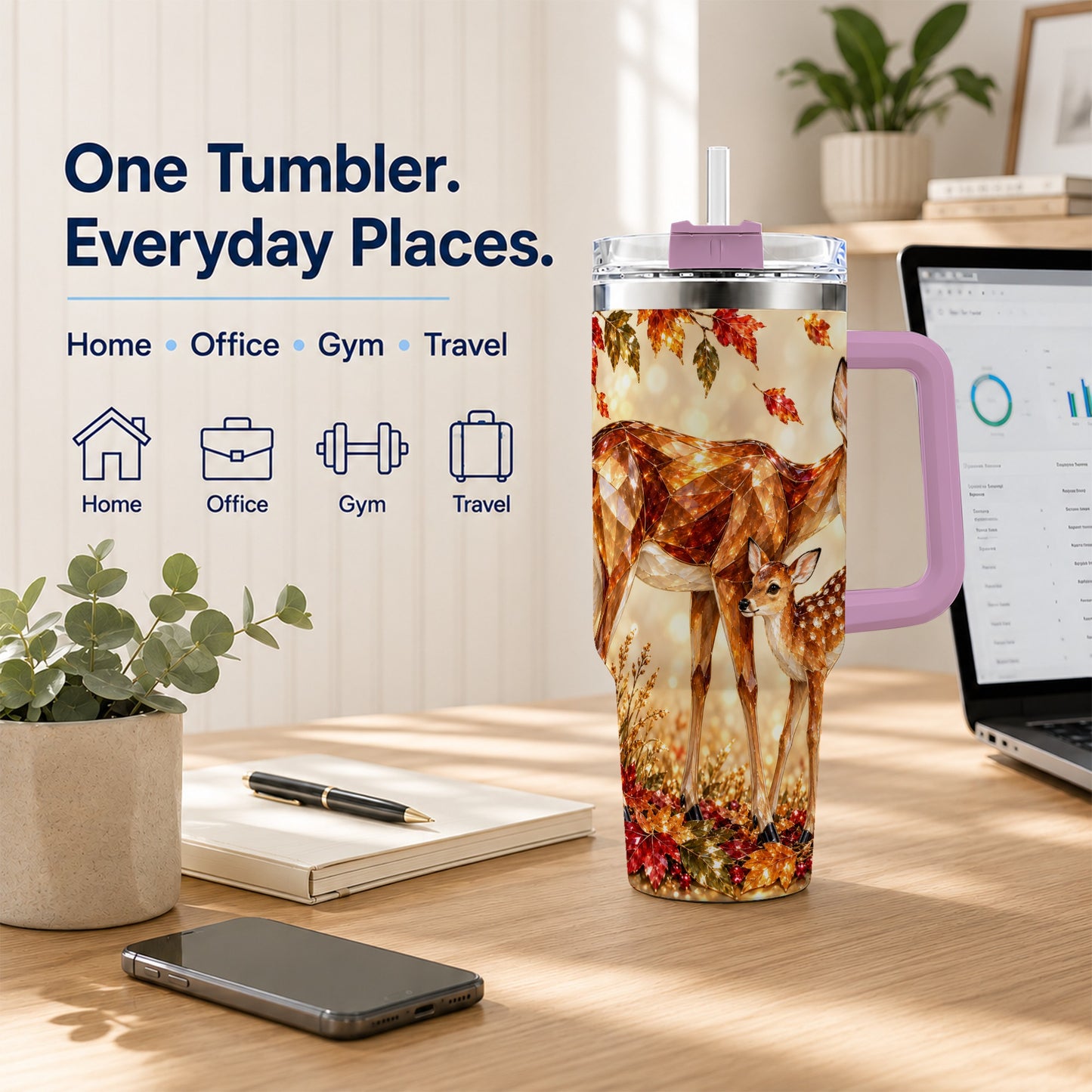 #pl[40oz|Pink] Faceted Deer 40oz Tumbler with Handle, Stainless Steel Travel Cup